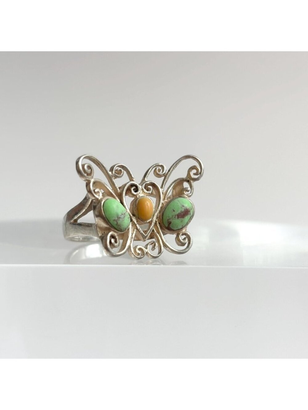 Turquoise & Coral Gemstone Butterfly Sterling Silver 925 Vintage Ring - sz 6.75 - Picture 5 of 16